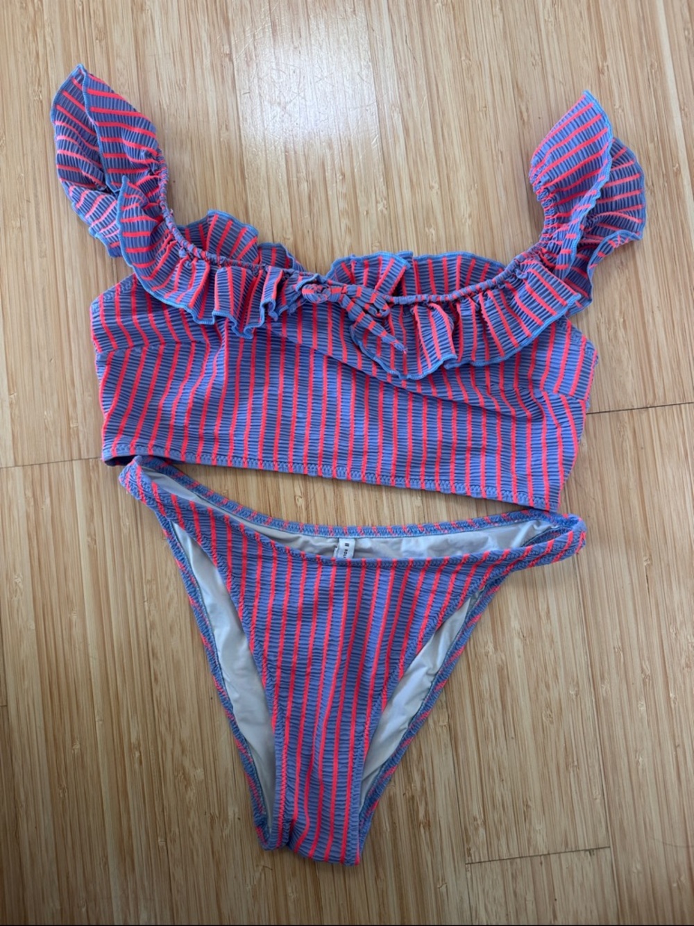 SOLID & STRIPED Pink and Blue Striped Ruffle Bikini Set